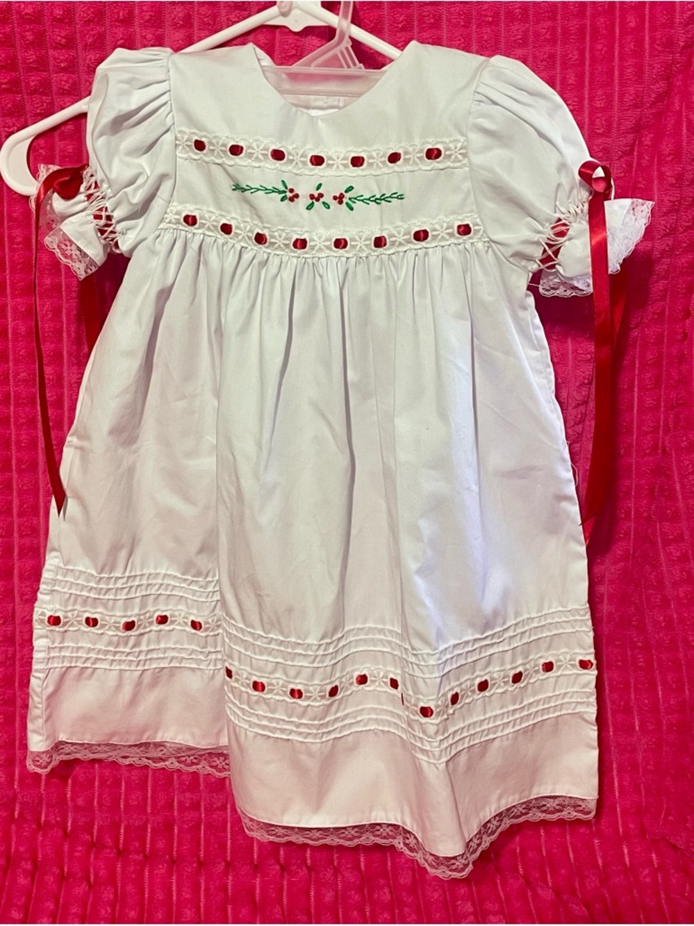Sugar Dumplin Kids White Smocked Baby Dress with Red Ribbon Accents